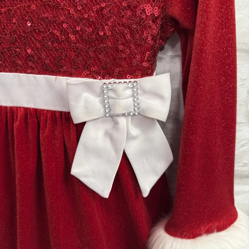 Bonnie Jean Girls 4T Christmas Dress Santa Claus‎ Red Sequin White Fur Trim